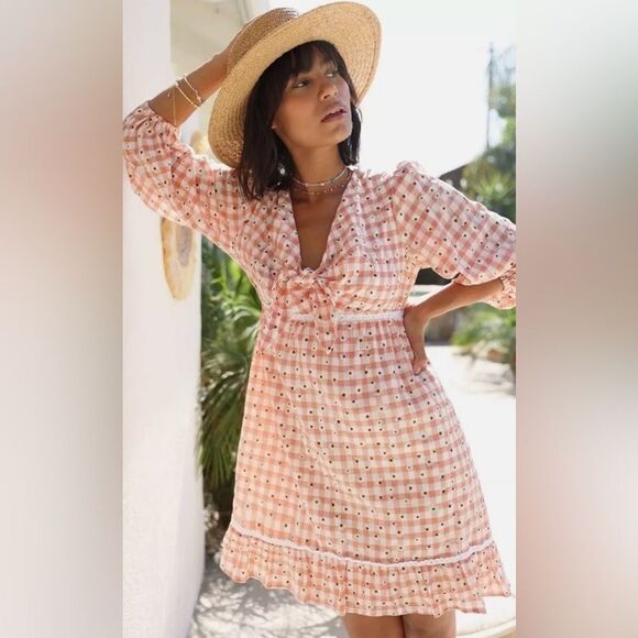 Greylin Dorothy Eyelet Daisy Tie Front Gingham Dress Tiered Peach White S NWT - Picture 1 of 13